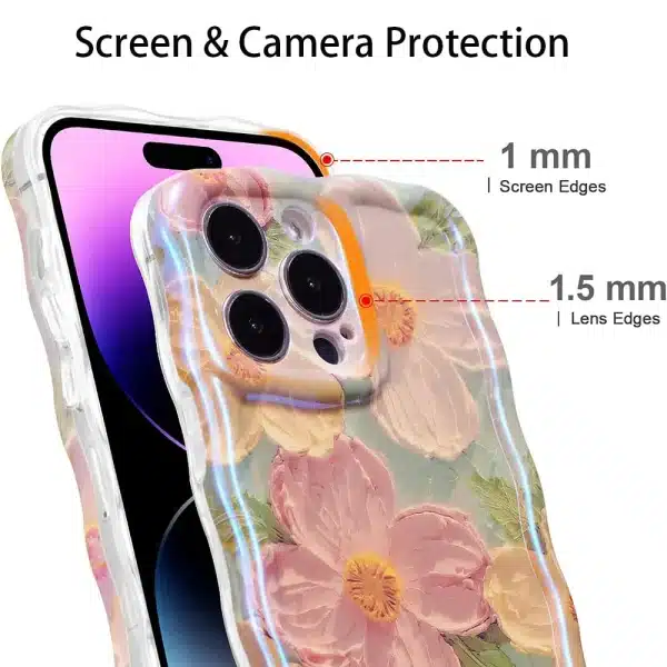 Stylish Phone Case For iPhone 11 12 13 14 15 16 Pro Max Retro Oil Painting Flower Glossy Cute Floral Wave Border Exquisite Cover - Image 3