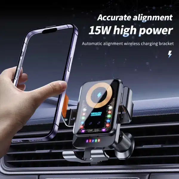 Car Phone Holder with 15W Wireless Charging Atmosphere Lights Car Air Vent Mount for iPhone 12 13 14 15 Pro Max Huawei Samsung - Image 4