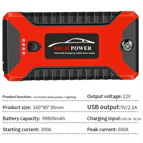 12V Portable 300A Car Battery Jump Starter Booster Pack Power Bank with LED Flashlight multifunction jump starter 20000mAh - Image 5