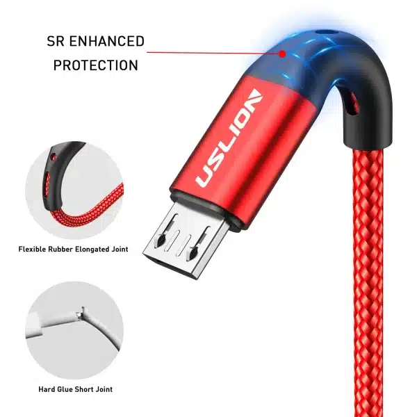 USLION 3A Micro USB Cable Fast Charge USB Data Cable Cord for Samsung S6 Xiaomi Redmi Android Micro usb Cable Mobile Phone Red - Image 2