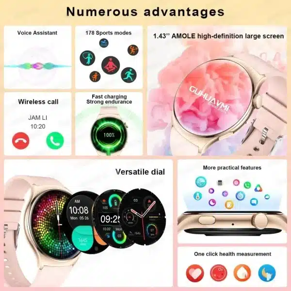 2024 GPS Smart Watch Women 1.43 Inch AMOLED 466*466 HD Screen Sport Heart Rate NFC Custom Dial Bluetooth Call Smartwatch Ladies - Image 2