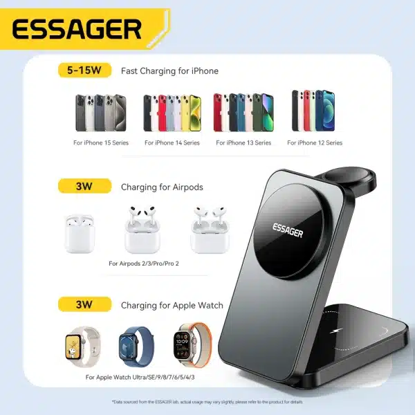 Essager 3 in 1 Magnetic Charger Stand 15W Wireless Charging For iPhone 15 14 13 12 Apple Watch Airpods Pro Chargers Dock Holder - Image 5