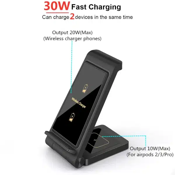 2 in 1 30W Dual Seat Wireless Charger for Samsung S24 S23 Fast Charging Stand For IPhone 15 14 13 12 11 XS XR X 8 Airpods 3 Pro - Image 2