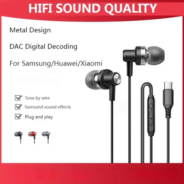 type-c In-Ear Wired Headphones Metal Design Stereo Sport Music Earbuds Handfree Gaming Headset Earphones with HD mic For Samsung - Image 2