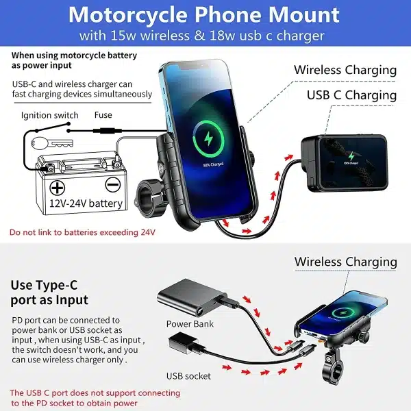 Waterproof Motorcycle Phone Holder QC3.0 USB-C Qi Wireless Charger Mount Phone Stand Mirror USB Charger 360 Support for Moto - Image 4