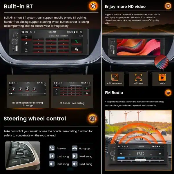 Navifly 2G+32G Universal 1 Din Android 6.86 Inch HD Touch Screen Wireless CarPlay Auto Car Radio Multimedia Video Player GPS FM - Image 4