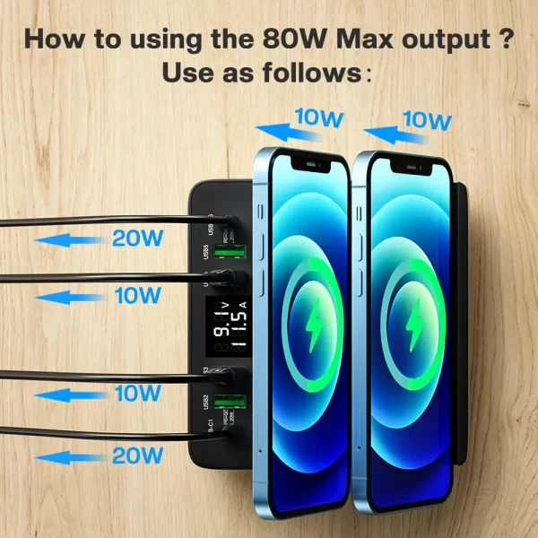 80W USB Charger With Dual Induction Wireless Charger Stand,6 Ports Desktop QC3.0 PD Fast Charge Charger,USB C Charging Station - Image 4