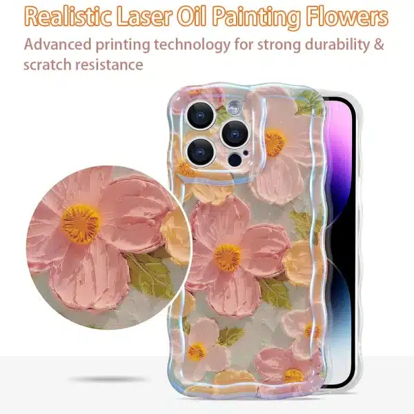 Stylish Phone Case For iPhone 11 12 13 14 15 16 Pro Max Retro Oil Painting Flower Glossy Cute Floral Wave Border Exquisite Cover - Image 2