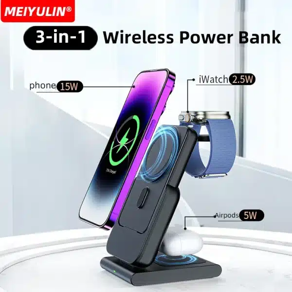 Power Bank 10000mAh 3 in 1 Magnetic Wireless Fast Charger Stand External Auxiliary Battery for iPhone 16 15 14 13 Apple Watch - Image 2