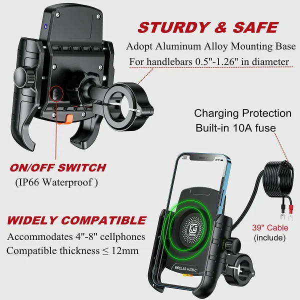 Motorcycle Phone Holder Wireless Charging USB-C 3.0 PD Quick Charger Moto Support Cellphone Handlebar Mount for 4-7 Inch Phone - Image 3