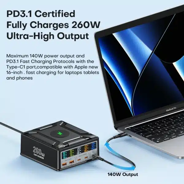 260W USB C GaN Charger QC3.0 PD3.1 140W USB Type C Fast Charger For Macbook Pro Tablet iPhone 14 Samsung Xiaomi Wireless charge - Image 5