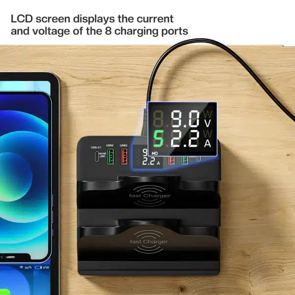 80W USB Charger With Dual Induction Wireless Charger Stand,6 Ports Desktop QC3.0 PD Fast Charge Charger,USB C Charging Station - Image 3
