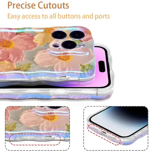 Stylish Phone Case For iPhone 11 12 13 14 15 16 Pro Max Retro Oil Painting Flower Glossy Cute Floral Wave Border Exquisite Cover - Image 4