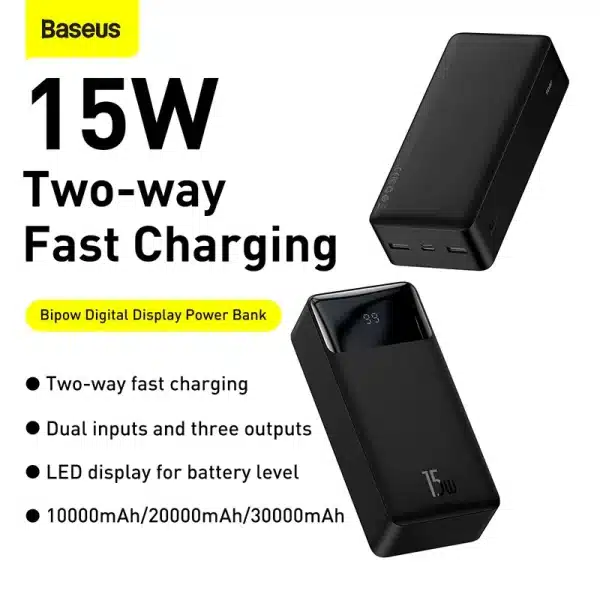 Baseus 30000mAh Power Bank Portable Charger External Battery Fast Charging Pack Powerbank For POCO Xiaomi mi PoverBank - Image 2