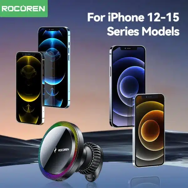 Rocoren Magnetic Car Phone Holder Fast Charging Wireless Charger With RGB light Magnet Car Stander For iPhone 15 14 13 Pro Max - Image 6