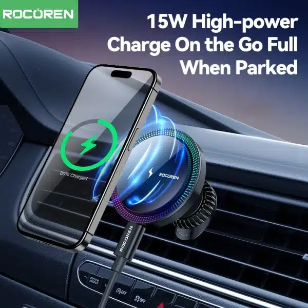 Rocoren Magnetic Car Phone Holder Fast Charging Wireless Charger With RGB light Magnet Car Stander For iPhone 15 14 13 Pro Max - Image 4