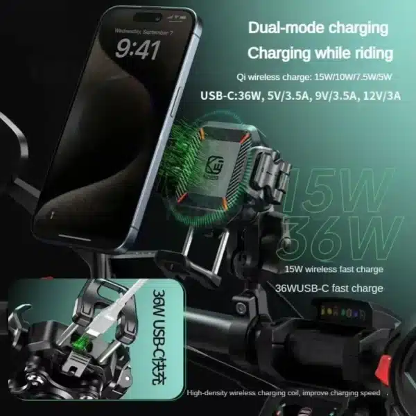 Kewig Upgraded Motorcycle Phone Holder 15W Wireless Charger QC3.0 USB Fast Charging Moto Handlebar Bracket GPS Shockproof Stand - Image 2