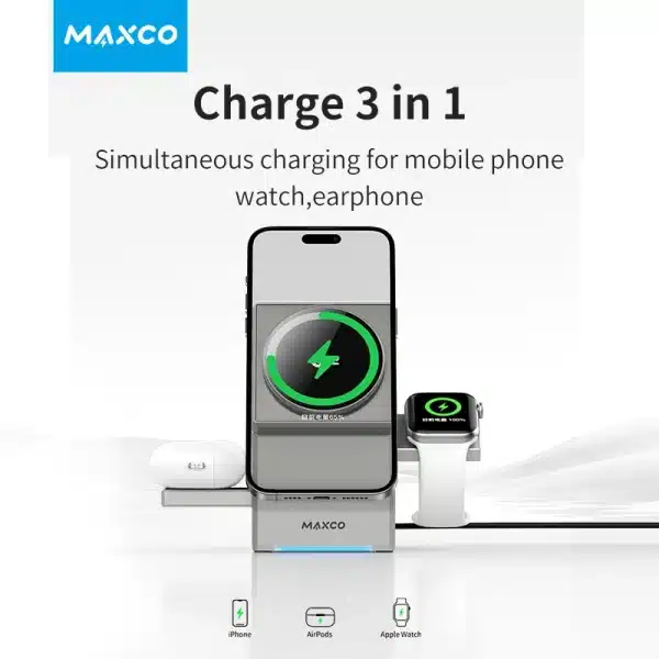 3 in 1 Wireless Charger Stand Magnetic Qi2 15W Fast Charging for iPhone 12 13 14 15 16 Apple Watch 9 8 7 6 5 Airpods 2 3 Pro - Image 2