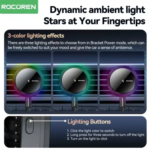 Rocoren Magnetic Car Phone Holder Fast Charging Wireless Charger With RGB light Magnet Car Stander For iPhone 15 14 13 Pro Max - Image 3