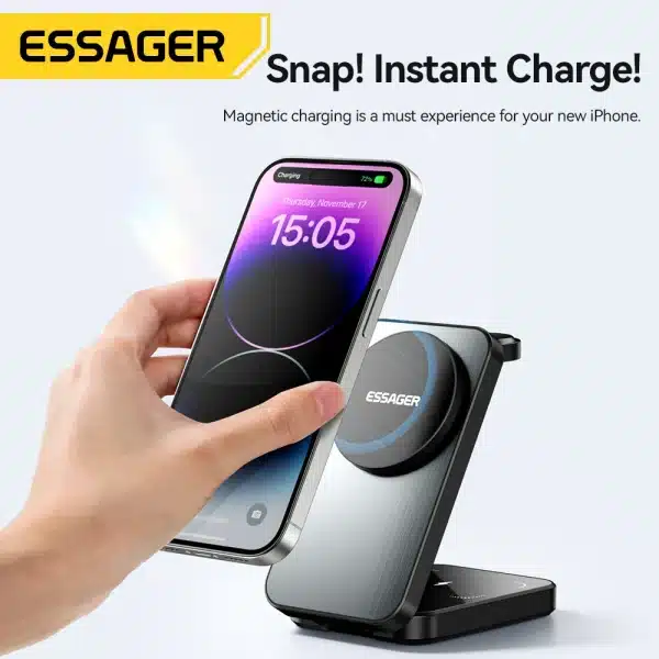 Essager 3 in 1 Magnetic Charger Stand 15W Wireless Charging For iPhone 15 14 13 12 Apple Watch Airpods Pro Chargers Dock Holder - Image 3