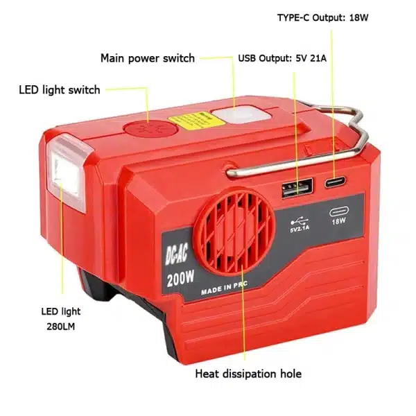 200W Outdoor Portable Inverter For Milwaukee 18V Battery To AC 110V/220V USB Tpye-C Power Bank Converter with Light Converter - Image 3