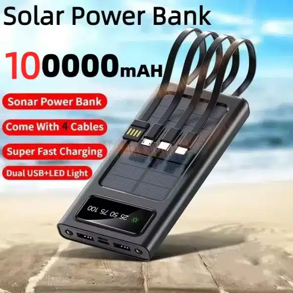 Solar Power Bank 100000mAh Large Capacity Mobile Power Fast Charging Battery With Dual USB 4 Cables For iPhone Samsung 2025 - Image 2