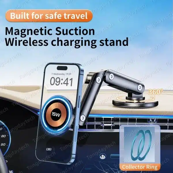 15W Magnetic Metal Car Wireless Charger 360 Rotation Multi Angle Adjustable Foldable Stand For Iphone 15 14 13 Pro Max Samsung - Image 5