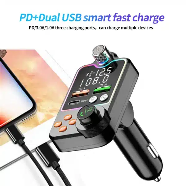 Bluetooth 5.0 Car FM Transmitter Dual USB Car Charger PD Type-C Fast Charging Wireless Handsfree Call Audio Receiver MP3 Player - Image 3