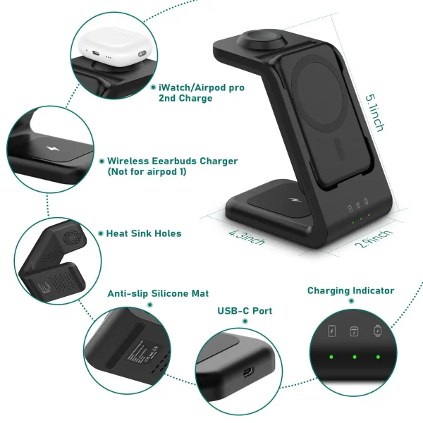 3 in 1 Magnetic Charging Station Power Bank for MagSafe ,Wireless Fast Charger Stand for Apple Watch/iPhone 16/15/14/13/12 Serie - Image 3