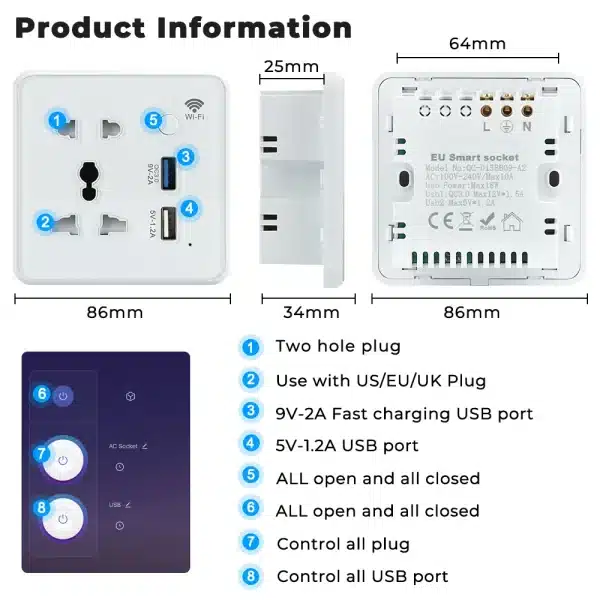 Tuya Wifi Wall Smart Socket US EU UK Plug Tempered Glass Quick Fast Charger 3.0 Usb Charging Timing App For Google Home Alexa - Image 3