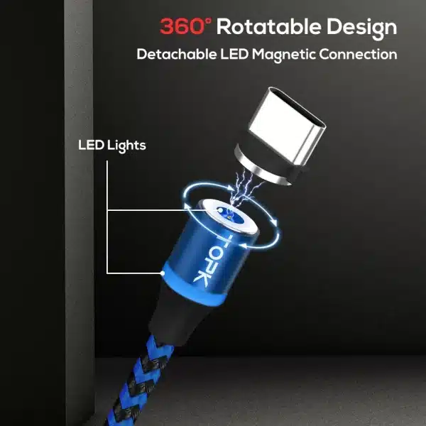Magnetic Charging Cable 3 IN 1 TOPK 360 Rotation Magnetic Phone Charger Cable with LED Light for Micro USB Type C Cable - Image 3