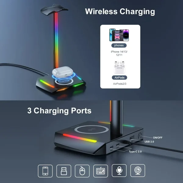 New Bee Z12 RGB Headset Stand Holder with Wireless Charger Base Desk Gaming Headphones Holder Non-Slip Rubber Base - Image 5