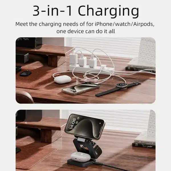 3 In 1 Foldable Magnetic Wireless Charger Stand For iPhone 15 14 13 Pro Max iWatch 8 7 6 AirPods 3 2 Station Dock Fast Charger - Image 4