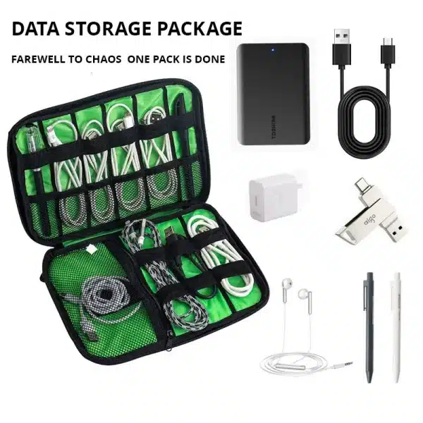 1pc Black Green Storage Bag Electronic Accessory Organizer Portable Usb Data Cable Charger Plug Travel Waterproof Organizer - Image 3