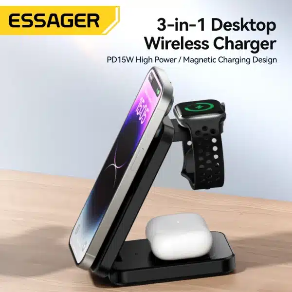 Essager 3 in 1 Magnetic Charger Stand 15W Wireless Charging For iPhone 15 14 13 12 Apple Watch Airpods Pro Chargers Dock Holder - Image 2