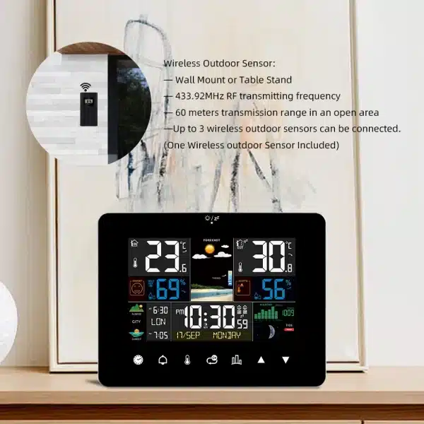 Weather Station Home Digital Display Thermometer Hygrometer with Touch Screen Wall Clock Table Desk Clock with Wireless Sensor - Image 3