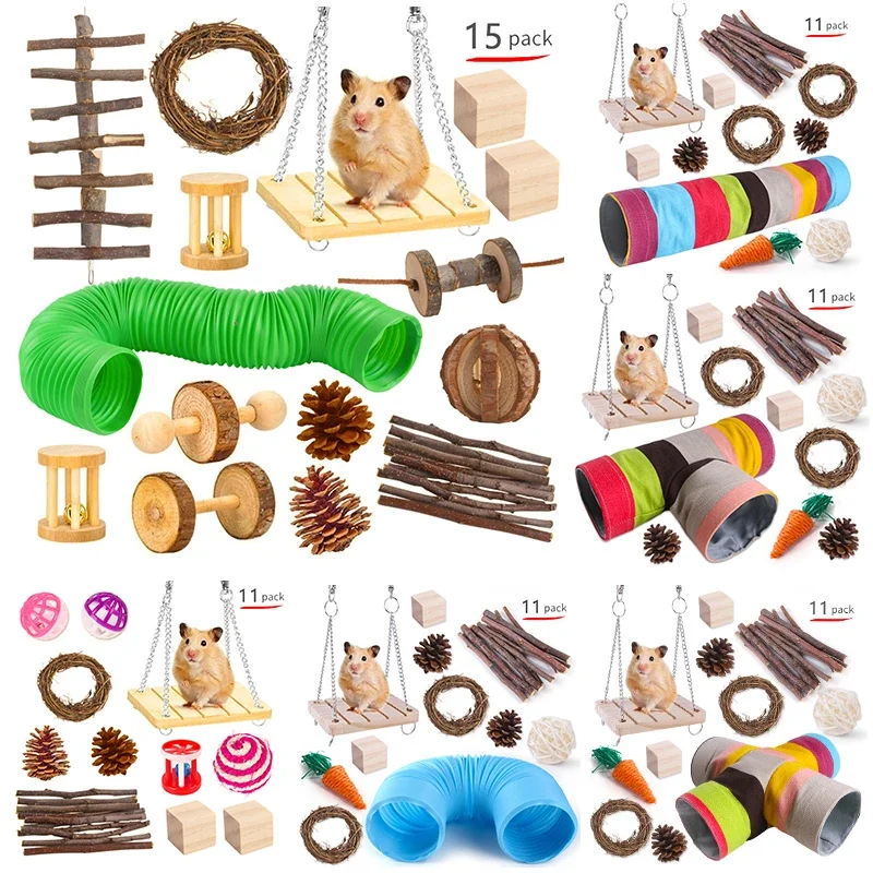 Combination Hamsters Rabbit Rat Toys Hamster Toys Set Pet Rabbit Guinea Pig Parrot Play Molar Wooden Supplies 1