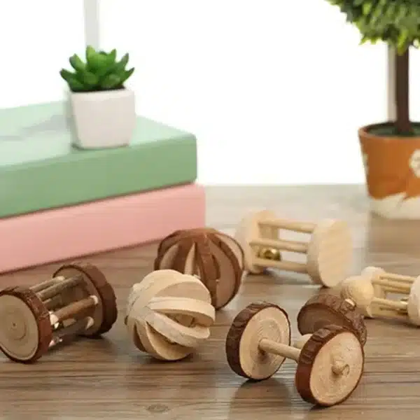 Cute Rabbit Roller Toys Natural Wooden Pine Dumbells Unicycle Bell Chew Toys for Guinea Pigs Rat Small Pet Molars Supplies 3