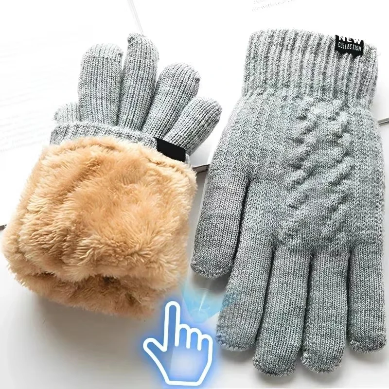 New Men's Warm Full Finger Gloves Winter Touchscreen Plus Fleece Gloves Woman Thickening Wool Knitted Cycling Driving Gloves 1