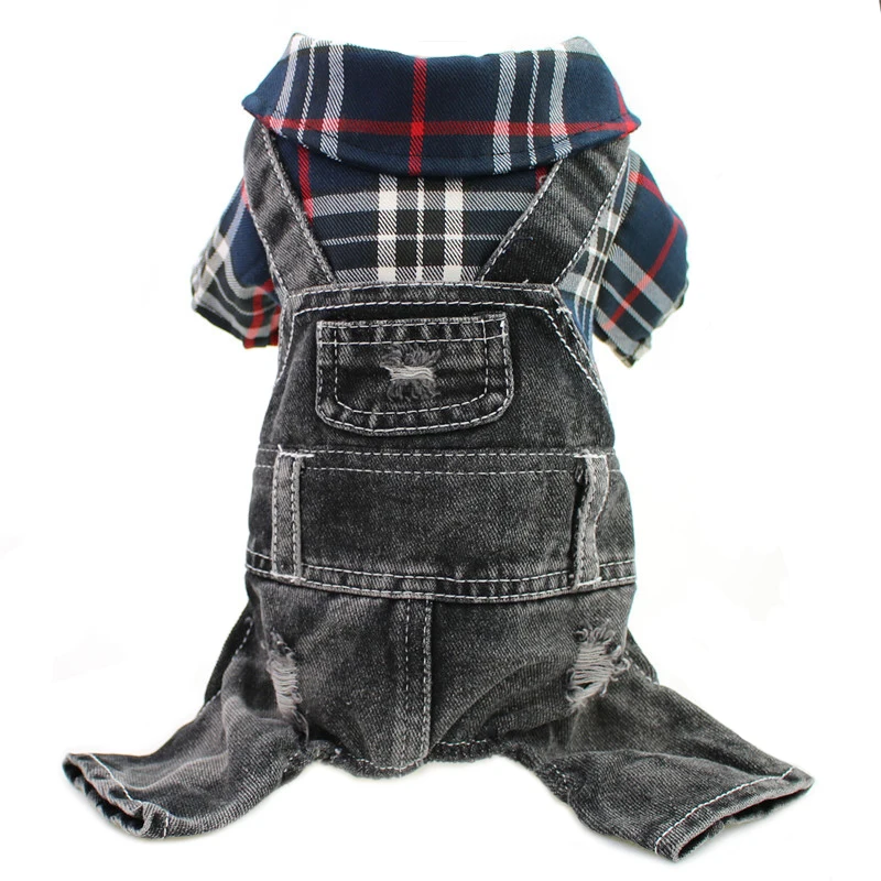 Black Dog Denim Jumpsuit Plaid Shirt Overalls for Dogs, Spring Clothes for Small Dogs Puppy Yorkie Jeans Jacket Pet Apparel 1