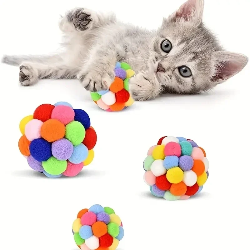 3PCS Cat Toys Cat Plush Ball Toy Pet Elastic Bell Ball Self Hi Ball Playing Cat Colorful Woolen Ball 1