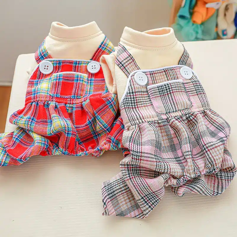 Pet Dog Cat Clothes Spring Jumpsuits White Plaid Button Overal Puppy Cute Print Skirt Casual Knot Coat For Small Dog Pet Apparel 1