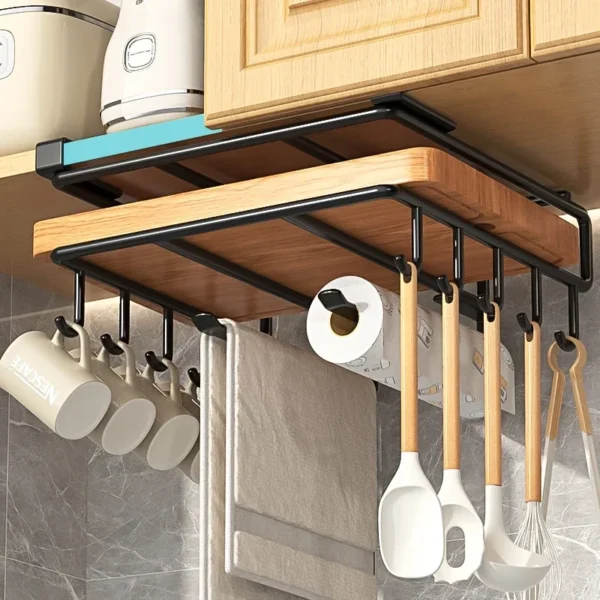 Kitchen Hanging Organizer Rack with Hooks Under Cupboard Paper Towel Rags Hanger Cutting Board Pot Cover Holder Storage Shelf 2