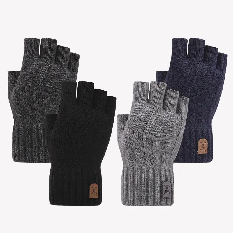 Winter Gloves For Men Half Finger Writting Office Cycling Knitted Gloves Students Alpaca Wool Warm Thick Elastic Driving Gloves 1