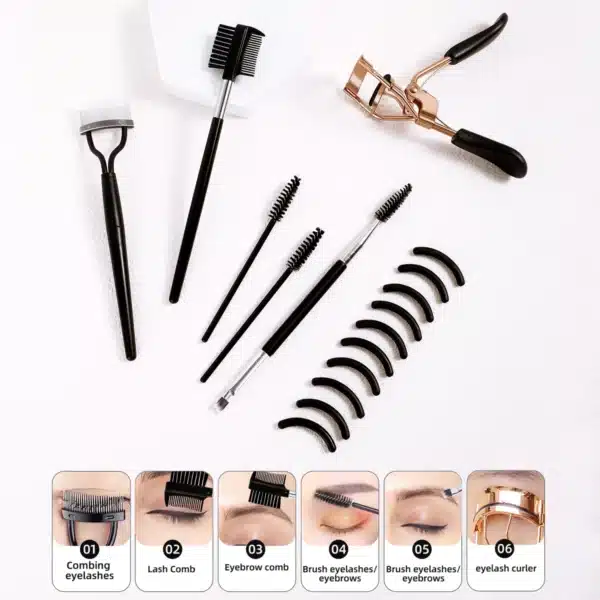 Portable Eyelash Curler with 10 Silicone Pads & 1 Double-ended Spiral Eyelash Brush & 1 Eyelash Steel Comb & 1 Double-ended Eyebrow and Eyelash Comb & 2 Spiral Comb, Stainless Steel Eyelash Curler, Does Not Damage the 4
