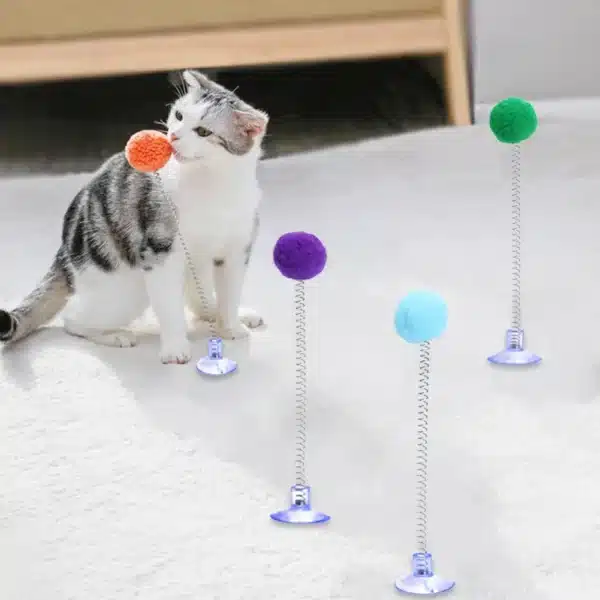 1pc Fur Ball Spring Cat Toy Suction Cup Multicolored Teaser Wand Pet Interactive Toys Cat Scratcher Toys Supplies Random Color 4