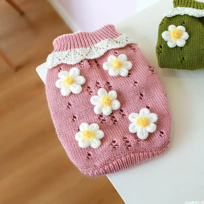 1PC Pet Apparel Dog Autumn and Winter Thickened Warm Green Pink 3D Flower Knitwear Pullover Sweater For Small Medium Dogs 1