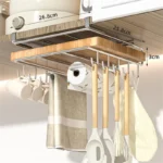 Stainless steel Kitchen Hanging Organizer Rack with Hooks Paper Towel Rag Hanging rack Cutting Board Pot Cover Storage Shelf 1