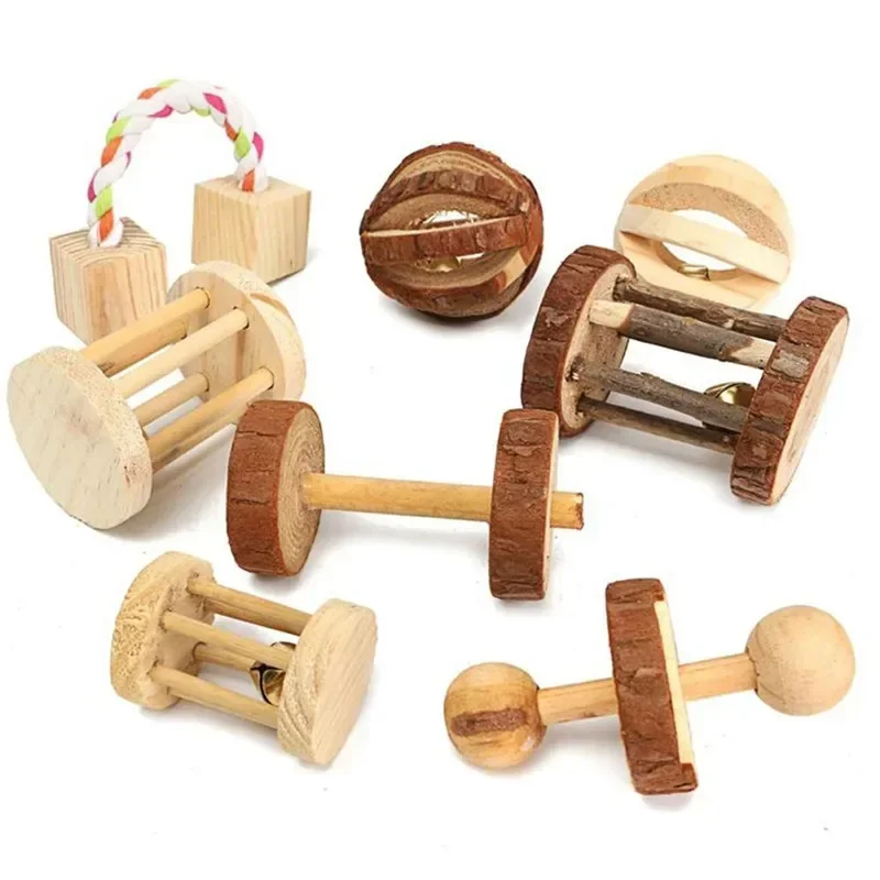 Cute Rabbit Roller Toys Natural Wooden Pine Dumbells Unicycle Bell Chew Toys for Guinea Pigs Rat Small Pet Molars Supplies 1