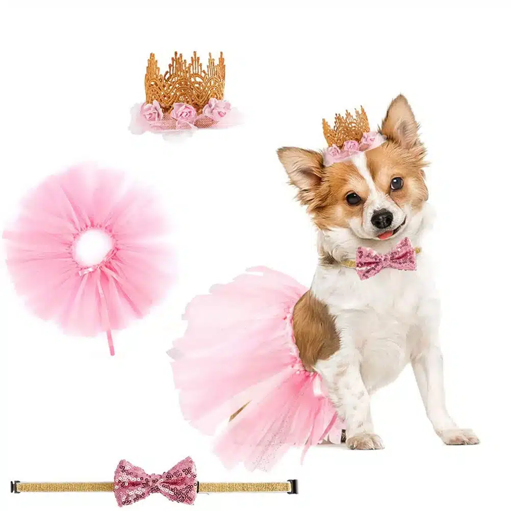 Stobok Dress For Small Breeds Dogs Dress Puppy Pink Tutu Skirt Lace Crown Hat Bowtie Pet Costume Apparel Girl Dog Wedding Outfit 1